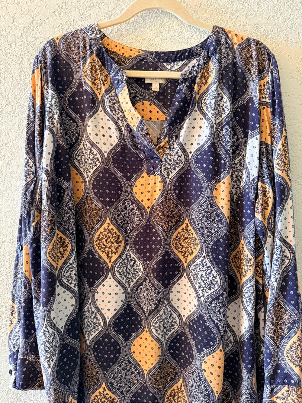 TALBOTS Geometric Roll Tab Long Sleeve Navy Peach Patchwork Popover Blouse Sz 2X